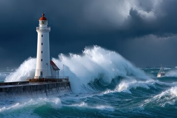 Lighthouse in Stormy Seas with Giant Waves and Boat