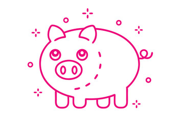 Outline style pig symbol sparkles and simple shapes on white background presents cute concept