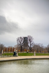An autumn view of the Luxembourg Garden in Paris. The Tour Montparnasse skyscraper is visible...
