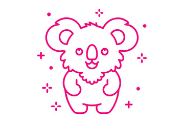 Outlined magenta koala standing with cute expression surrounded by geometric shapes creating a playful mood
