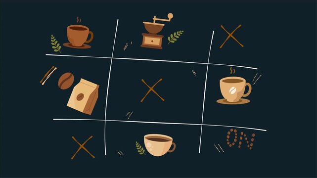 Tic tac toe coffee theme illustration on dark background