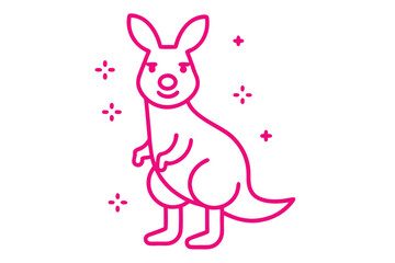 Outlined pink kangaroo stands upright surrounded by twinkling star shapes against a white backdrop