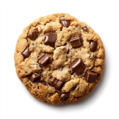 A single, golden-brown, chocolate chunk cookie sits on a white surface, casting a subtle shadow