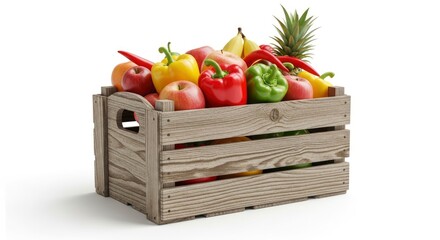 A wooden crate filled with fresh produce red apples colorful bell peppers bananas and a pineapple isolated on a white background
