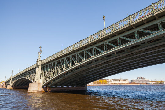 Close-up view of the Trinity Bridge on a sunny day, St-Petersburg