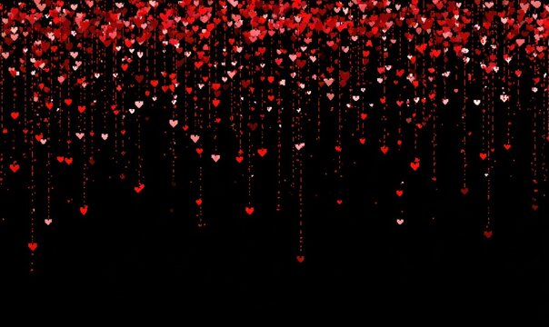 Cascading red heart confetti on a black background, evoking romance and celebration with a sparkling, glittering effect - Powered by Adobe