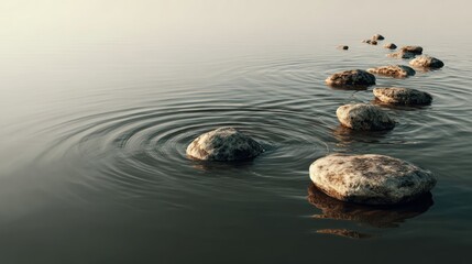 Stones create ripples across a still body of water under a serene, diffused light, guiding the eye through the scene