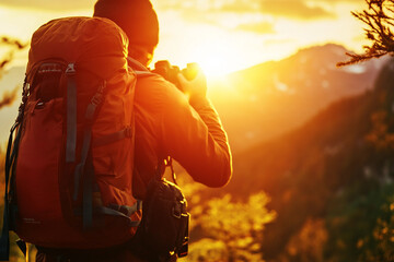 Fototapeta premium Professional photographer taking pictures with a large SLR camera ai generative