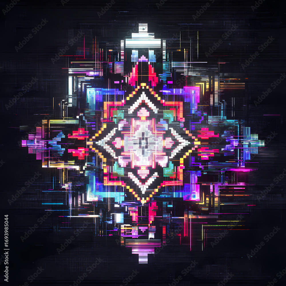 Poster geometric pixelated structure glows in vibrant colors on black background generative ai