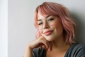 Young caucasian female with pink hair and glasses smiling indoors