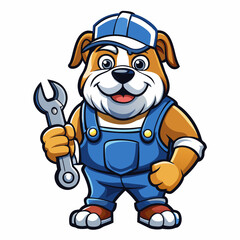 Lively bulldog mechanic mascot grips wrench firmly while smiling confidently