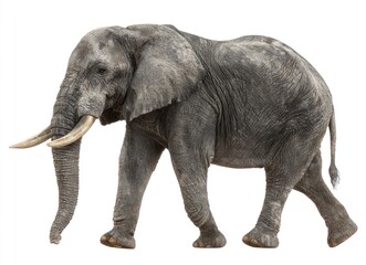 Obraz premium Gray elephant, tusks visible, walks on a plain white background, captured from side profile