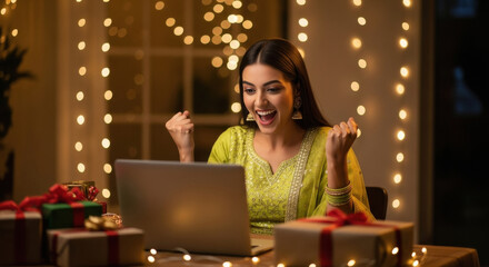 young indian woman using laptop on diwali festival at home