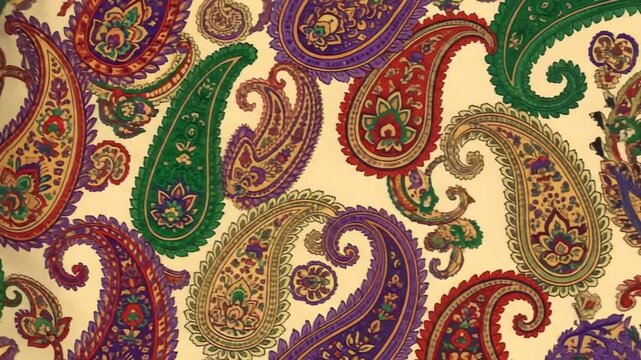 Vibrant and intricate paisley pattern fabric with colorful teardrop motifs in red, green, purple, and orange on a light background.