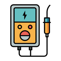 Cartoon illustration of an electric device with a lightning bolt symbol and charging cable