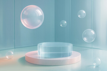Transparent Crystal Podium in Glass Cube Room with Iridescent Bubbles