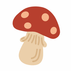 Toadstool illustration with a red cap and white dots. 