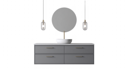 Modern bathroom vanity design featuring round mirror white sink and hanging lights on transparent background
