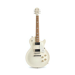 Naklejka premium A classic vintage-style cream white electric guitar with six strings, a timeless musical instrument for rock music, isolated on a white studio background