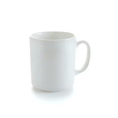 A single, empty white ceramic mug with a smooth finish, isolated on a clean white background, ideal for hot beverages and morning routines