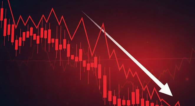 Red stock market crash chart with downward arrow showing economic recession and financial loss concept