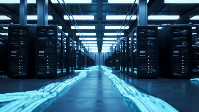 Futuristic Blue Server Room with Data Cables Under Artificial Lighting System