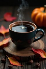 Fototapeta premium Dark clay cup, black coffee, autumn leaves, physalis, wood , autumn, table