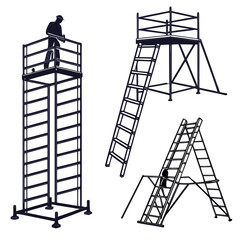 Dark silhouettes construction equipment worker on platform scaffolding ladder