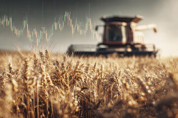 Fototapeta premium Harvesting golden grains with modern machinery in a serene countryside at dusk