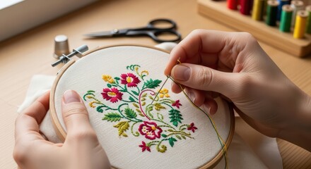 Female adult caucasian embroidering colorful floral pattern on fabric in hoop