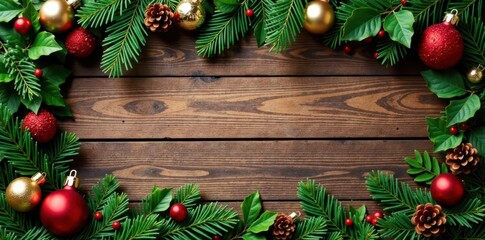 Rustic wooden frame with winter greenery and ornaments, holiday backdrop , ornaments, props, home