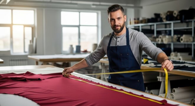 Caucasian male tailor measuring fabric in workshop with confidence