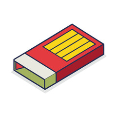 Stylized isometric illustration of a red matchbox with yellow striking surface
