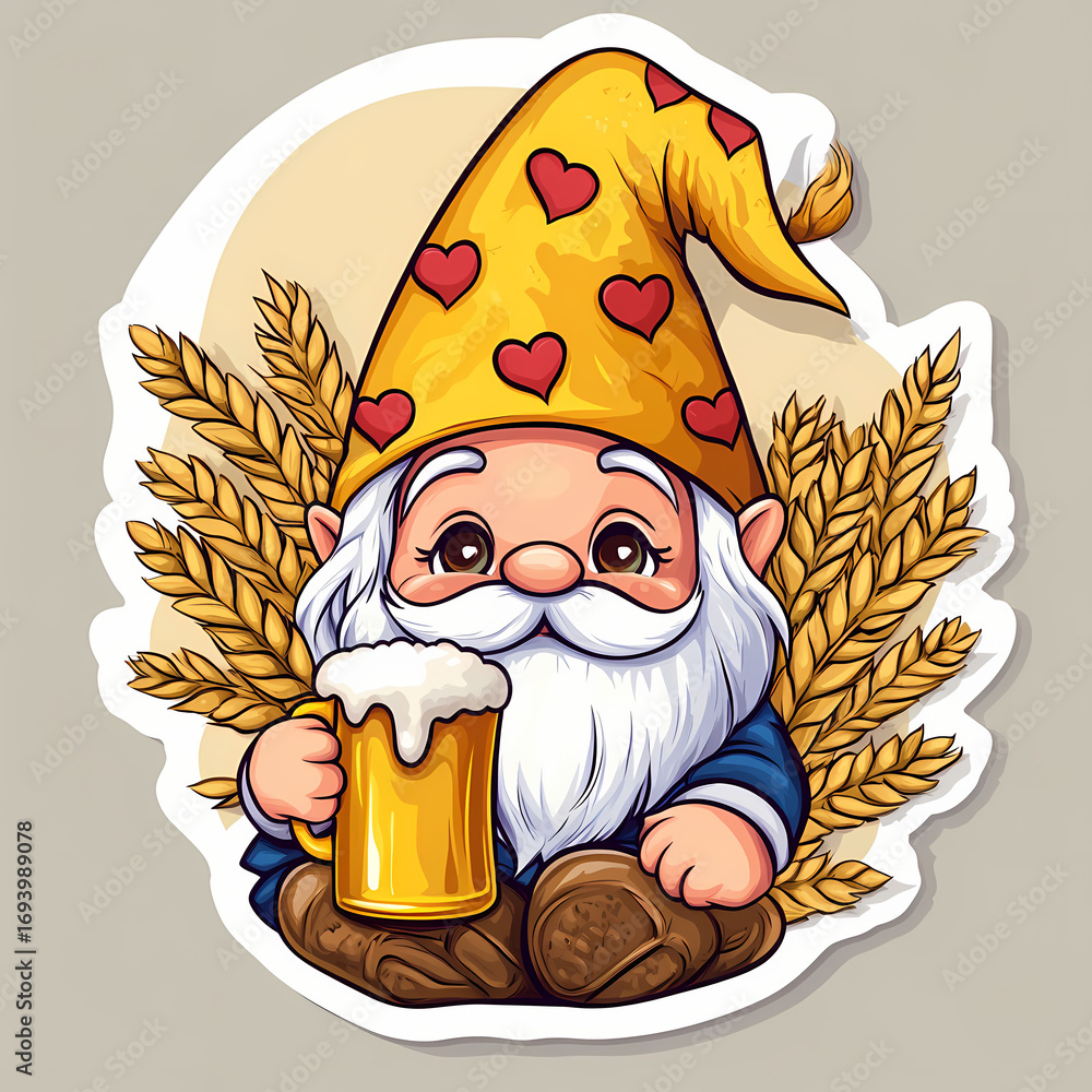 Poster cheerful gnome enjoying a beer with golden wheat in background generative ai