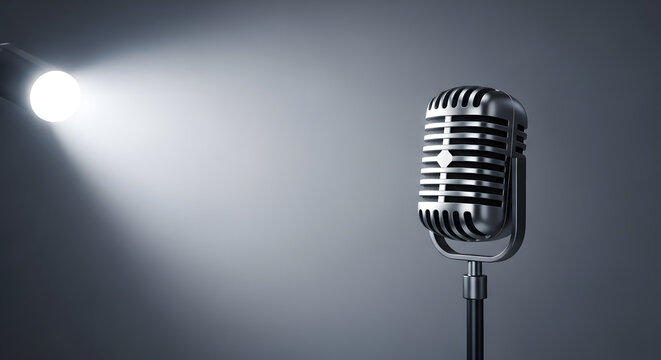 Classic Microphone in Spotlight on Gray Background for Performance or Announcement
