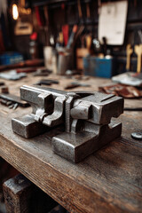 Sturdy vice resting on a wooden table with artisans engaged in hands-on work in the background