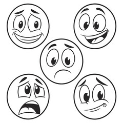 Five cartoon faces showing different emotions happy surprised