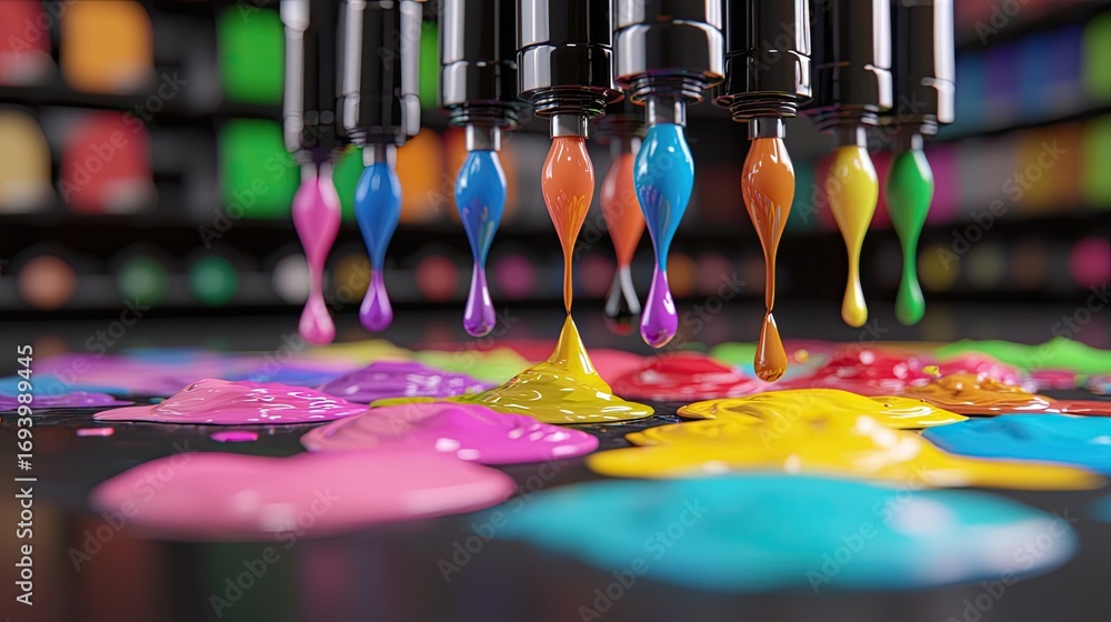 Poster vibrant paint drops from markers creating colorful patterns on a black surface