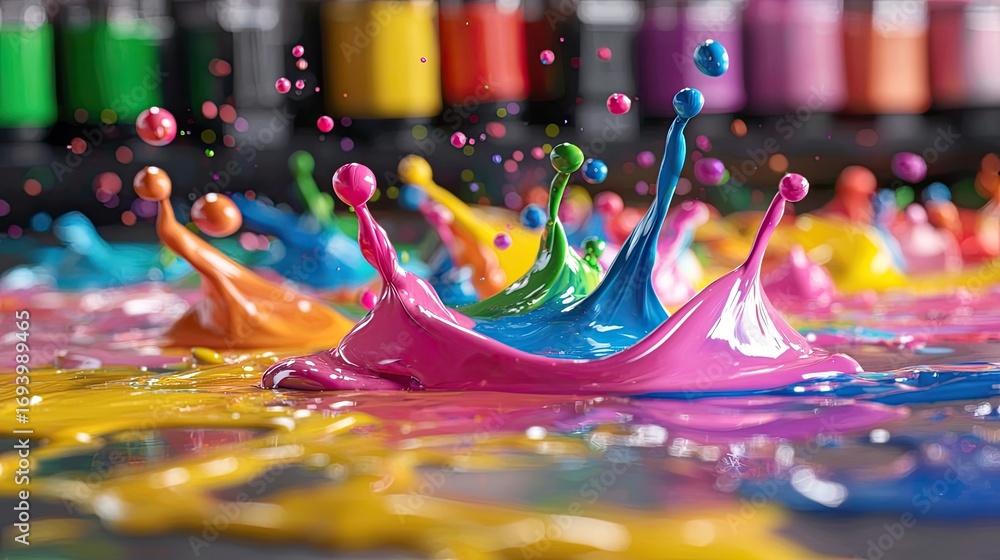Poster vivid colorful paint splashes creating dynamic artistic effect on wet surface in studio environment