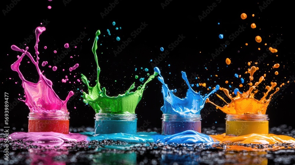 Poster colorful paint splashes in jars creating vibrant art display against a dark background