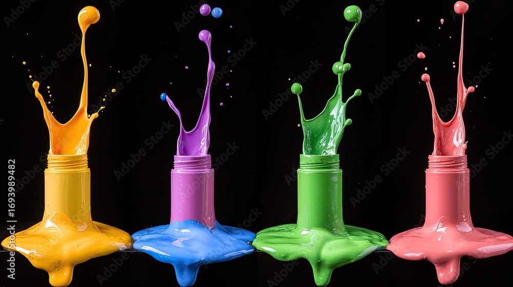 Aufkleber colorful splashes of paint from bottles creating dynamic and creative visual effects in a studio set