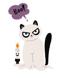 Halloween Cute Black Cat Ghost with Candle. Autumn holiday Funny character. Vector illustration. Not AI