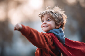 Dreaming boy with red cape acting like superhero. Hope, optimism, ambition concept. Perfect for childhood, imagination, education, or aspirational themes.