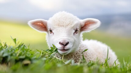 Fototapeta premium Adorable Young Lamb Grazing on Fresh Green Grass in a Beautiful Rural Landscape Under Soft Natural Light