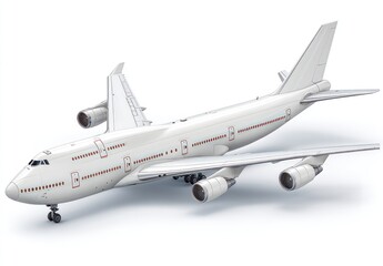 Obraz premium White commercial airplane with four engines angled on white background, with shadow below and red accents