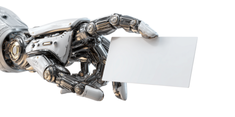 Extreme close-up of a humanoid robot arm and hand holding a blank business card with copy space. Isolated on transparent or white background, png. Generative Ai.