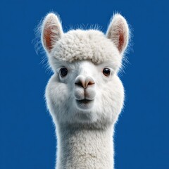 Obraz premium Portrait of a fluffy, white alpaca head and neck against a bright blue background. Close up, endearing face
