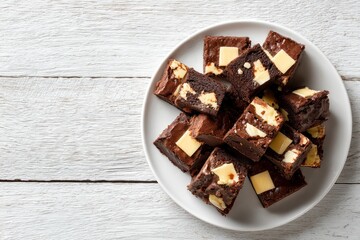 A pile of brownies on a white plate atop a weathered white wood surface Each brownie has white chocolate chunks