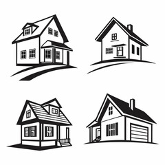 Four black house outlines on white background home building