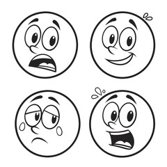 Four cartoon faces showing different emotions expressions black and white